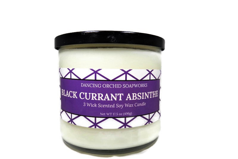 Black Currant Absinthe Scented 3 Wick Soy Wax Candle - Dancing Orchid SoapWorks