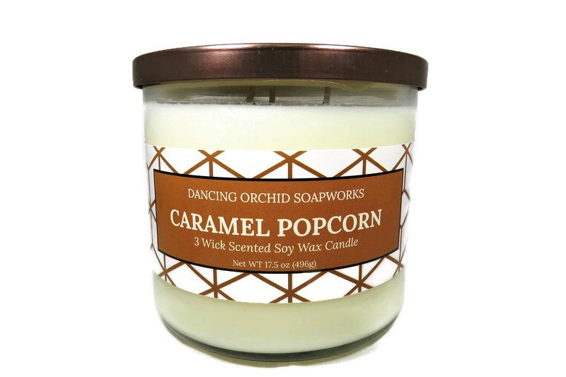 Caramel Popcorn Scented 3 Wick Soy Wax Candle - Dancing Orchid SoapWorks