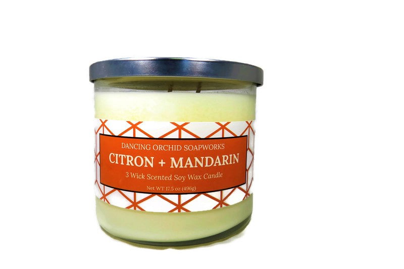Citron And Mandarin Scented 3 Wick Soy Wax Candle - Dancing Orchid SoapWorks