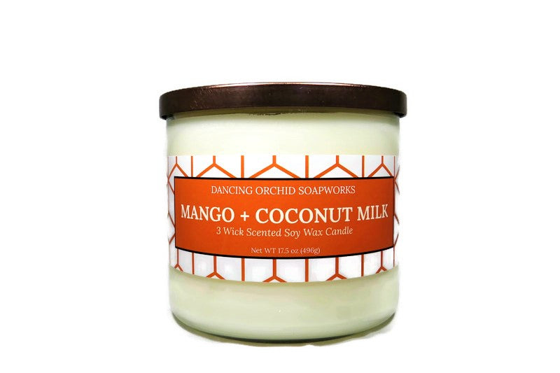 Mango And Coconut Milk Scented 3 Wick Soy Wax Candle - Dancing Orchid SoapWorks