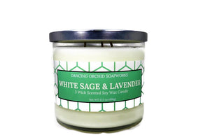 White Sage And Lavender Scented 3 Wick Soy Wax Candle - Dancing Orchid SoapWorks