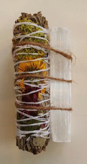 Organic Sage (white) And Joy Floral And Selenite Cyrstal Smudge Stick Bundle